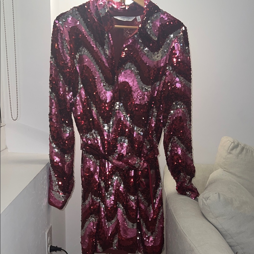 & Other Stories Sequin Long Sleeve Dress in Pink and Red